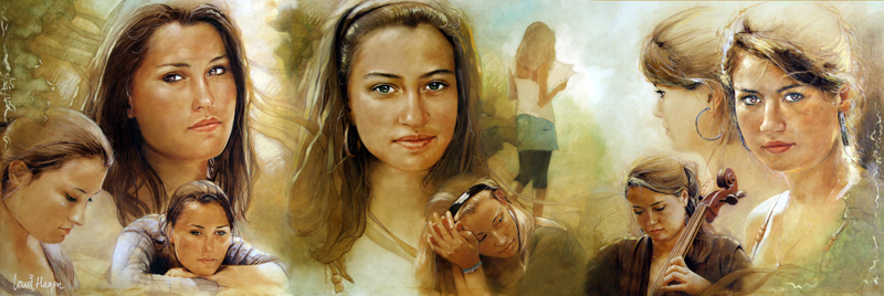 portret schilderij in olieverf van Joanne, Alies en Frederiek